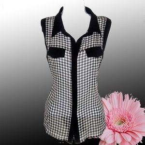 NEW Monteau Blk Wht Checkered Sheer Blouse L